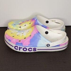 CROCS Men's Size 12 Bayaband Tie Dye Clog Sandals White Pink Blue Yellow Purple